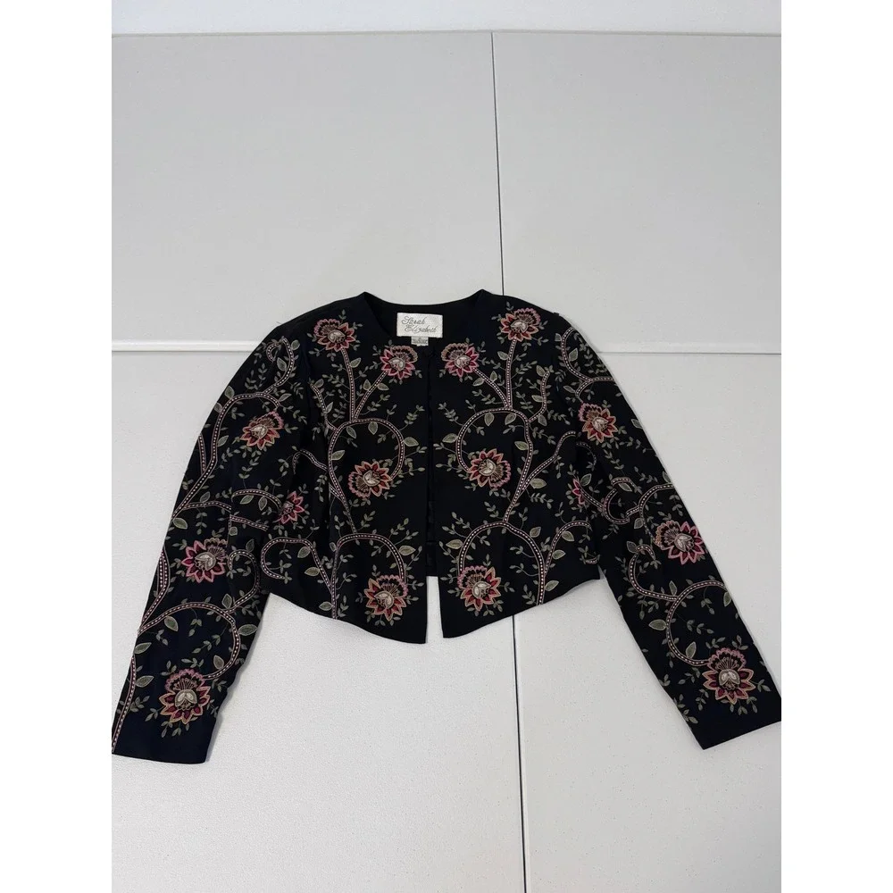 Sarah Elizabeth Black Floral Embroidered Cropped Bolero‎ Jacket Size 10 G3